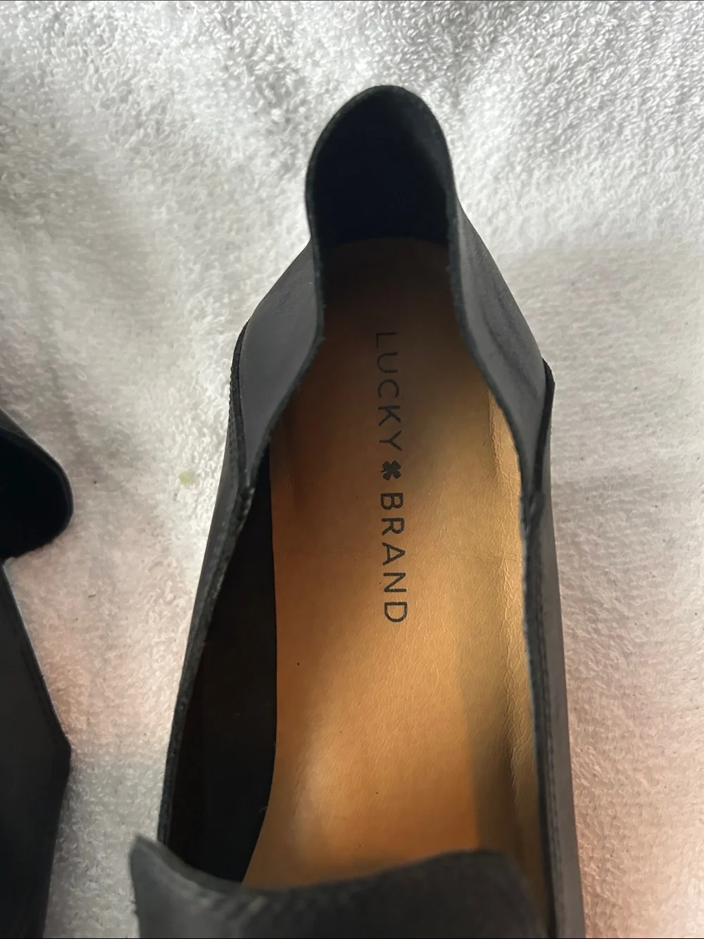 Lucky Brand Black Leather Slip-On Loafers with Brown Stacked Heel
